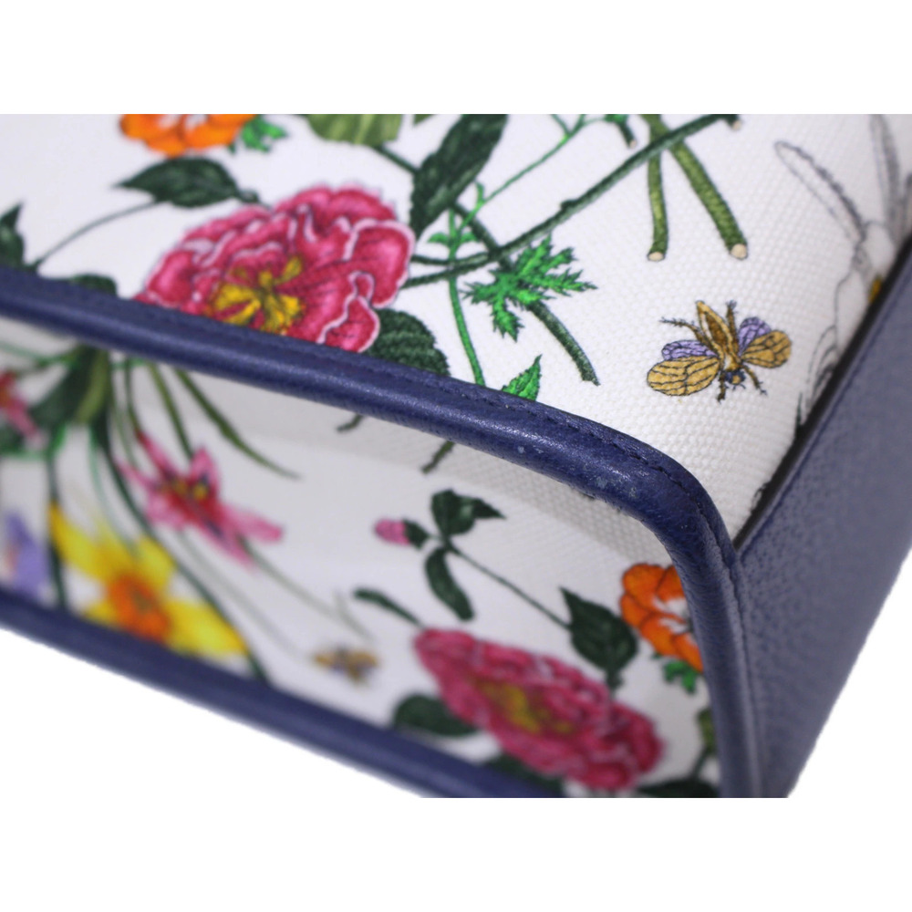 GUCCI Flora Flower Bag Canvas Leather Floral White Navy Blue Multicolor - Picture 4 of 9